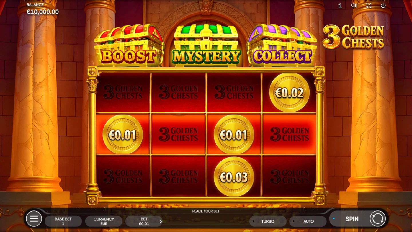 O jogo base do 3 Golden Chests antes do primeiro giro, com os três baús acesos acima dos rolos
