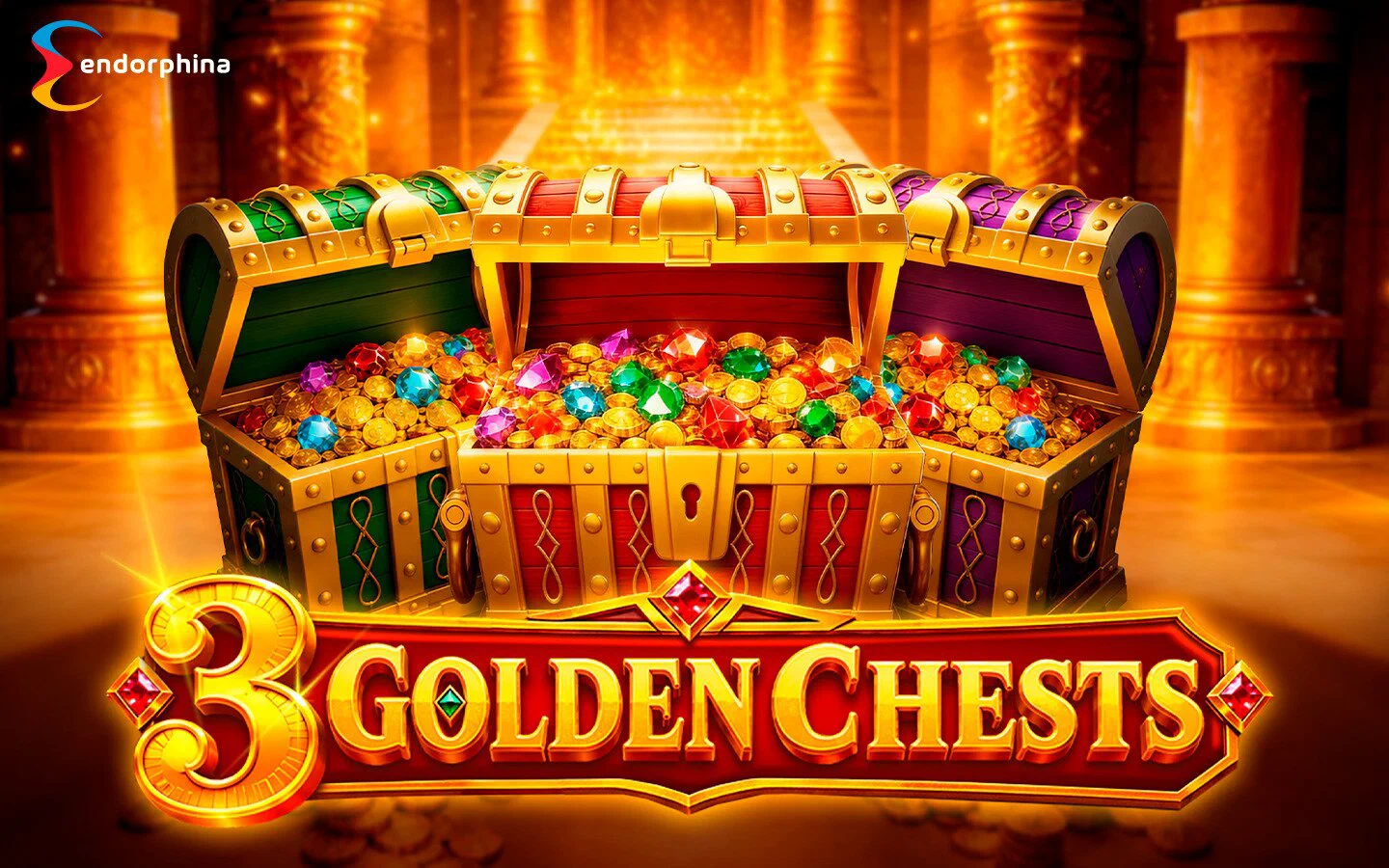 Tela de abertura do slot 3 Golden Chests com o logotipo e os três baús acima da grade